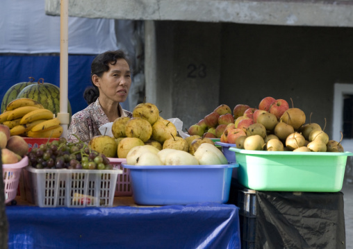 North Korean woman selling fruits in the street, Pyongan Province, Pyongyang, North Korea