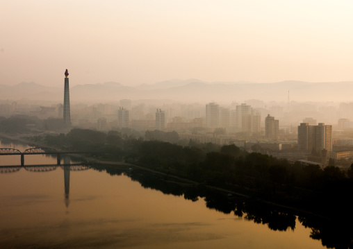 Cityscape and Taedong river at dawn, Pyongan Province, Pyongyang, North Korea