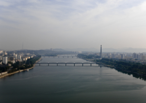 Bridges on Taedong river seen from Yanggakdo hotel, Pyongan Province, Pyongyang, North Korea
