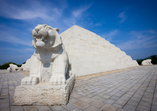 Tiger statue in front of the tomb of king tangun with a pyramid shape, Pyongan Province, Pyongyang, North Korea