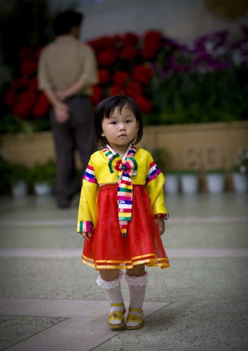 North Korean girl in traditional choson-ot, Pyongan Province, Pyongyang, North Korea