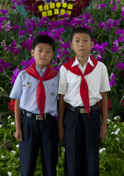 North Korean pioneer boys in the international Kimilsungia and Kimjongilia festival, Pyongan Province, Pyongyang, North Korea