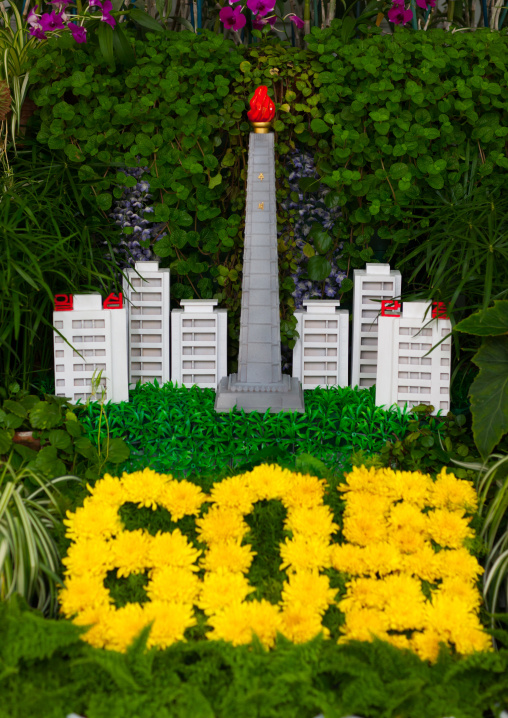 Juche tower model in the international Kimilsungia and Kimjongilia festival for the 60th anniversary of the regim, Pyongan Province, Pyongyang, North Korea
