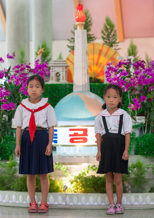 North Korean pioneers girls in international Kimilsungia and Kimjongilia festival, Pyongan Province, Pyongyang, North Korea