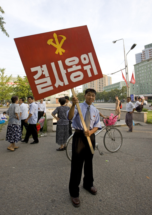 North Korean man from the workers' Party of North Korea during the september 9 parade, Pyongan Province, Pyongyang, North Korea