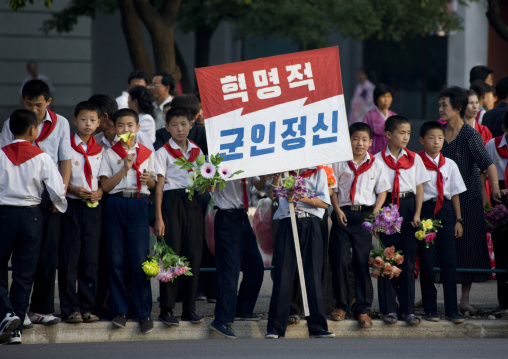 North Korean pioneers during the september 9 parade, Pyongan Province, Pyongyang, North Korea
