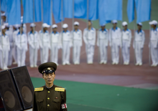 North Korean policeman during the Arirang mass games in may day stadium, Pyongan Province, Pyongyang, North Korea
