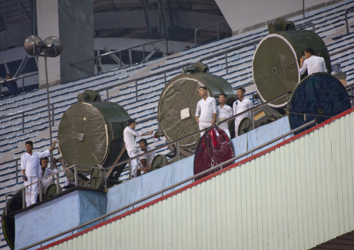 Floodlight technicians at Arirang mass games in may day stadium, Pyongan Province, Pyongyang, North Korea