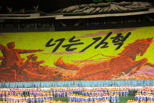 Chollima horse made by children pixels holding up colored boards during Arirang mass games in may day stadium, Pyongan Province, Pyongyang, North Korea