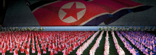 North Korean flag made by children pixels holding up colored boards during Arirang mass games in may day stadium, Pyongan Province, Pyongyang, North Korea