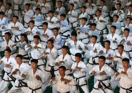 Taekwando men diuring the Arirang mass games in may day stadium, Pyongan Province, Pyongyang, North Korea