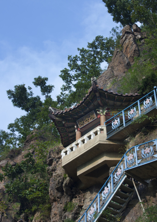 Exterior of Korean pavillon perched on cliff, North Hwanghae Province, Sariwon, North Korea