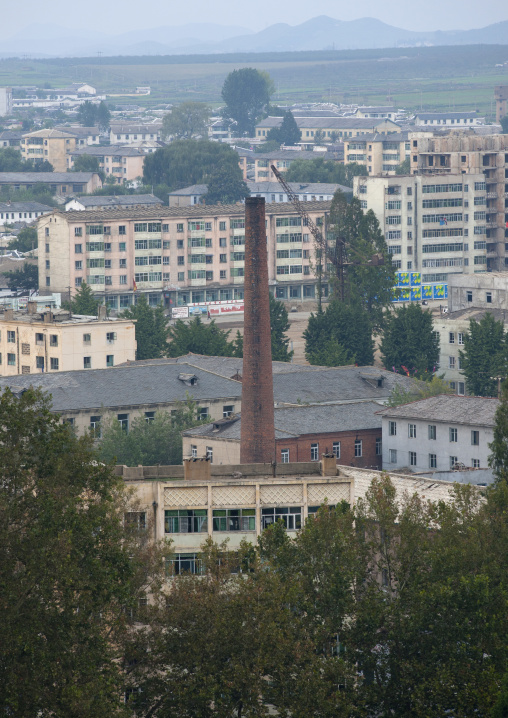 High angle overview of decrepit buildings and factory, North Hwanghae Province, Sariwon, North Korea
