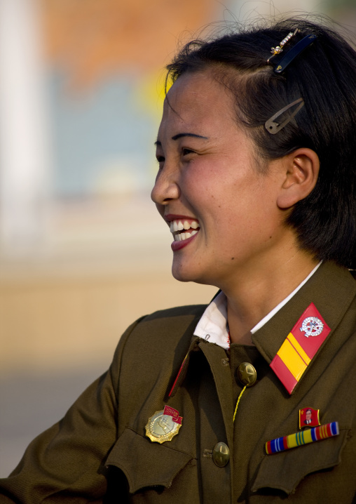 Smiling North Korean female soldier, North Hwanghae Province, Sariwon, North Korea