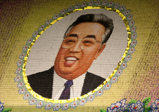 Kim il Sung portrait made by children pixels holding up colored boards during Arirang mass games in may day stadium, Pyongan Province, Pyongyang, North Korea