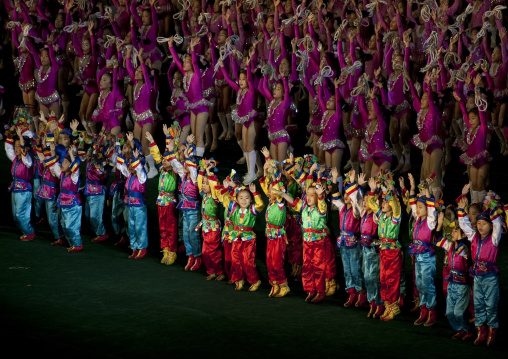 North Korean children performing during the Arirang mass games in may day stadium, Pyongan Province, Pyongyang, North Korea