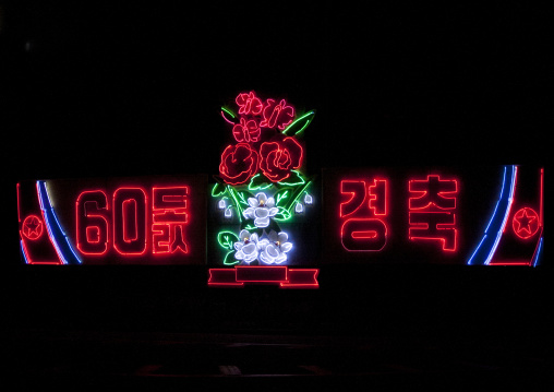 Kimjongilia illumination for sixty year anniversary of foundation of North Korea, Pyongan Province, Pyongyang, North Korea