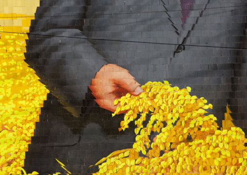 Hand of Kim il Sung with wheat made by children pixels holding up colored boards during Arirang mass games in may day stadium, Pyongan Province, Pyongyang, North Korea