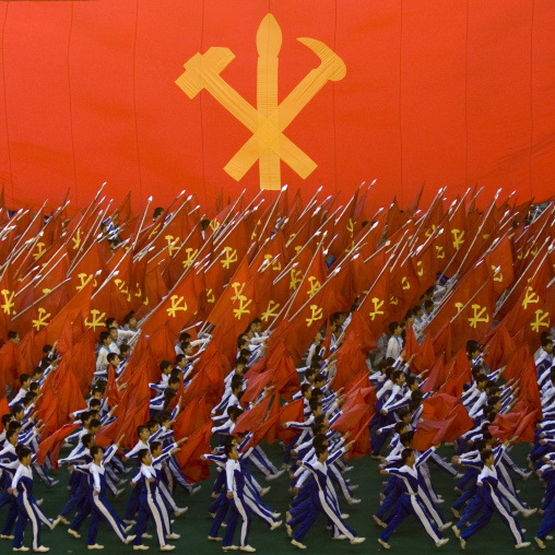 Workers' Party of North Korea giant flag during the Arirang mass games in may day stadium, Pyongan Province, Pyongyang, North Korea