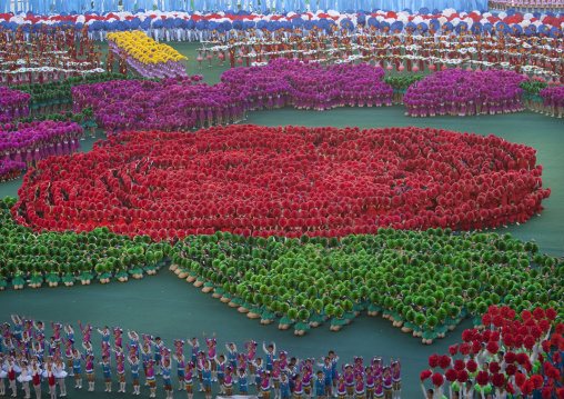 North Korean performers making a giant Kimilsungia flower during the Arirang mass games at may day stadium, Pyongan Province, Pyongyang, North Korea