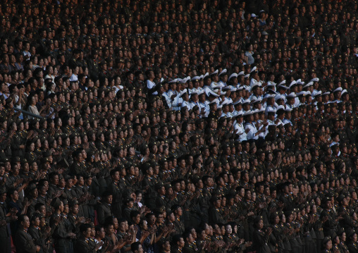 North Korean soldiers watching the Arirang mass games in may day stadium, Pyongan Province, Pyongyang, North Korea