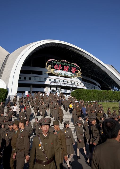 North Korean soldiers coming out of the may day stadium after the Arirang mass games, Pyongan Province, Pyongyang, North Korea