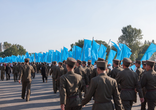 North Korean soldiers going to the Arirang mass games in may day stadium, Pyongan Province, Pyongyang, North Korea