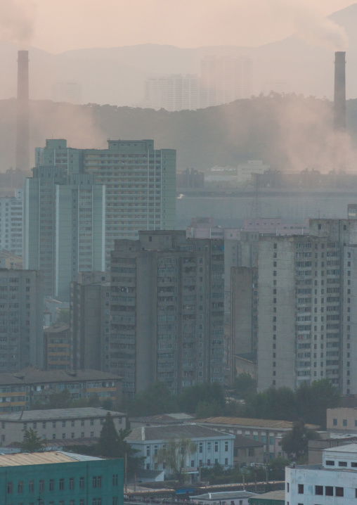 City buildings in the smoke, Pyongan Province, Pyongyang, North Korea