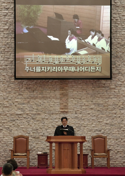 Pastor speaking in protestant Bongsu church, Pyongan Province, Pyongyang, North Korea