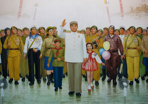 Giant fresco of Kim il Sung in the victorious fatherland liberation war museum, Pyongan Province, Pyongyang, North Korea