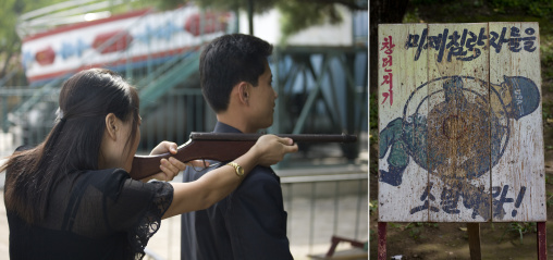 North Korean woman shooting on an target with an american soldier, Pyongan Province, Pyongyang, North Korea