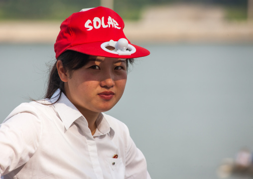 Portrait of a North Korean young woman with a solar cap, Pyongan Province, Pyongyang, North Korea