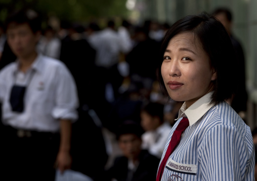 North Korean student woman in the street, Pyongan Province, Pyongyang, North Korea