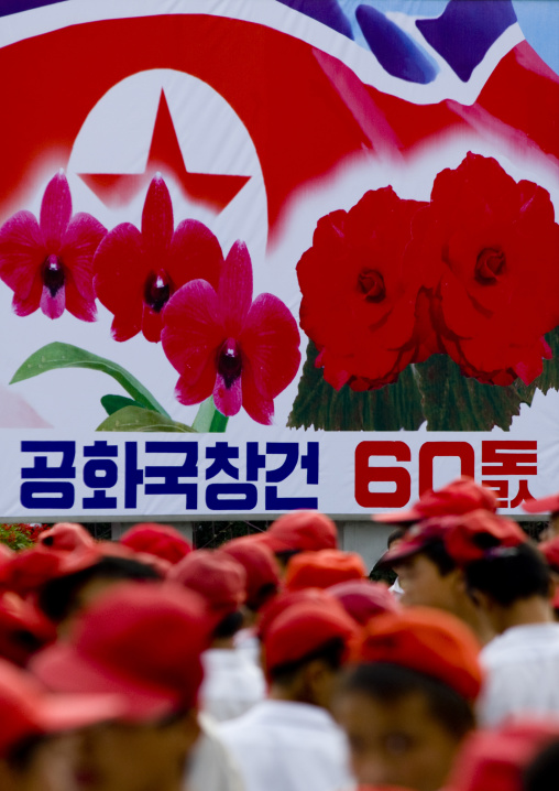 North Korean propaganda billboard in the street with Kimilsungia flowers and North Korean flag, Pyongan Province, Pyongyang, North Korea