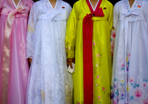 North Korean women dressed with colorful choson-ot, Pyongan Province, Pyongyang, North Korea