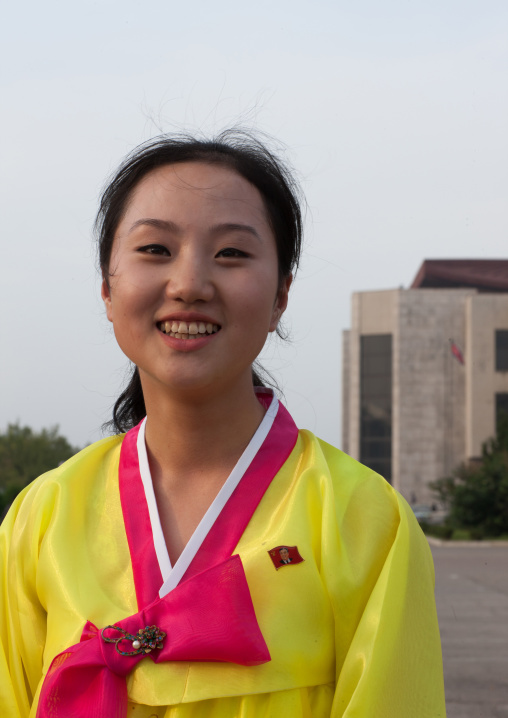 Portrait of a smiling North Korean woman in the street, Pyongan Province, Pyongyang, North Korea