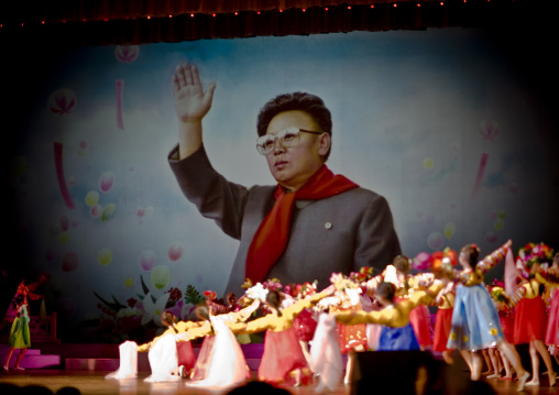 Kim Jong il portrait at the end of a show in Mangyongdae children's palace, Pyongan Province, Pyongyang, North Korea