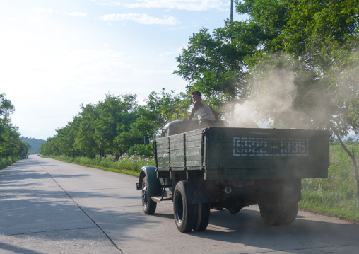 A North Korean truck running on gasified wood on the road, North Hamgyong Province, Chilbo Sea, North Korea