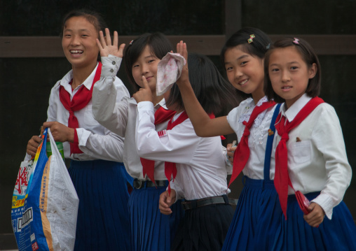 North Korean pioneers girls in Songdowon international children's camp, Kangwon Province, Wonsan, North Korea