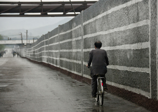North Korean man riding a bicycle alongside a wall, South Hamgyong Province, Hamhung, North Korea
