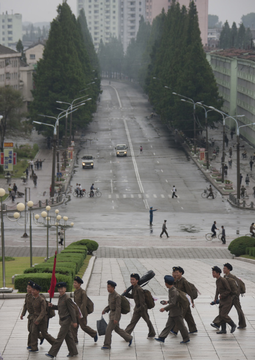 North Korean soldiers walking together in the street, South Hamgyong Province, Hamhung, North Korea