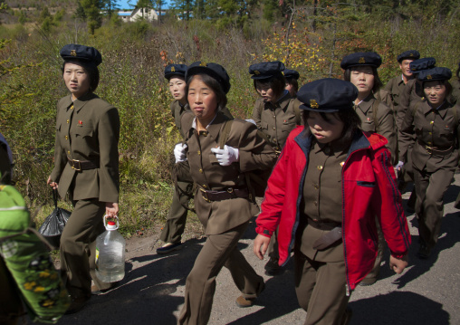 Troop of North Korean female students in pilgrimage to mount Paektu, Ryanggang Province, Samjiyon, North Korea