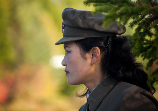 North Korean guide in the Grand monument of lake Samji, Ryanggang Province, Samjiyon, North Korea