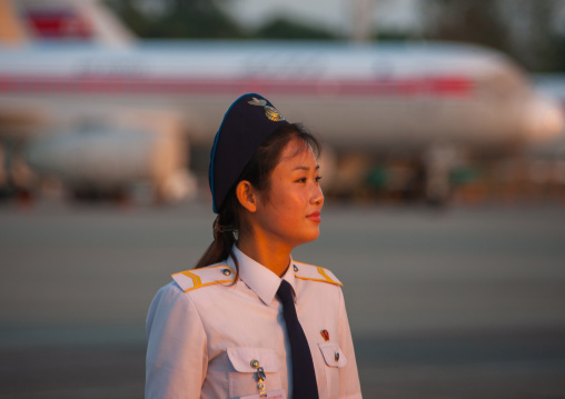 North Korean airport employee on the tarmac, Pyongan Province, Pyongyang, North Korea