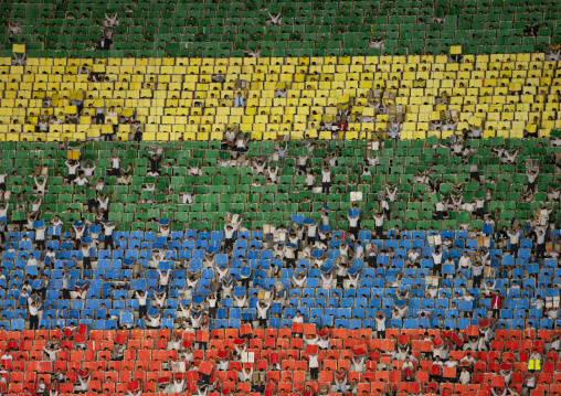 Children used to make human pixels by holding up colored boards during Arirang mass games in may day stadium, Pyongan Province, Pyongyang, North Korea