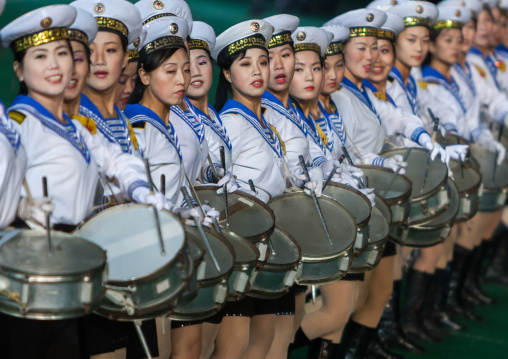 Sexy North Korean women dressed as sailors during the Arirang mass games in may day stadium, Pyongan Province, Pyongyang, North Korea