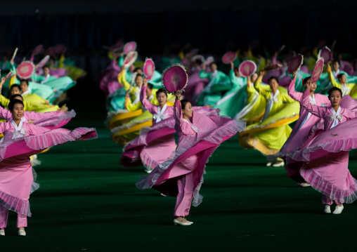 North Korean dancers during the Arirang games in may day stadium, Pyongan Province, Pyongyang, North Korea