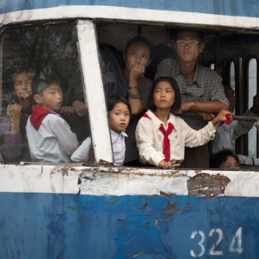 North Korean people in a shabby tram, Pyongan Province, Pyongyang, North Korea