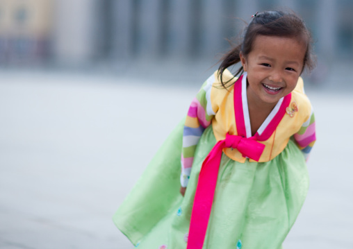 Smiling North Korean girl in traditional choson-ot, Pyongan Province, Pyongyang, North Korea