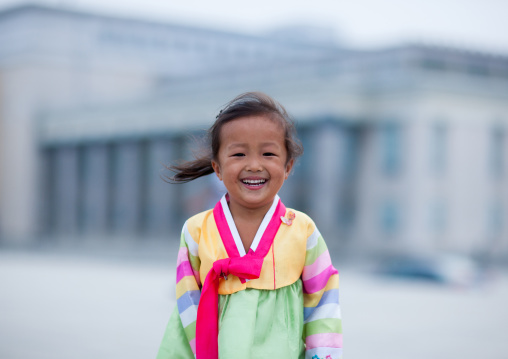 Smiling North Korean girl in traditional choson-ot, Pyongan Province, Pyongyang, North Korea